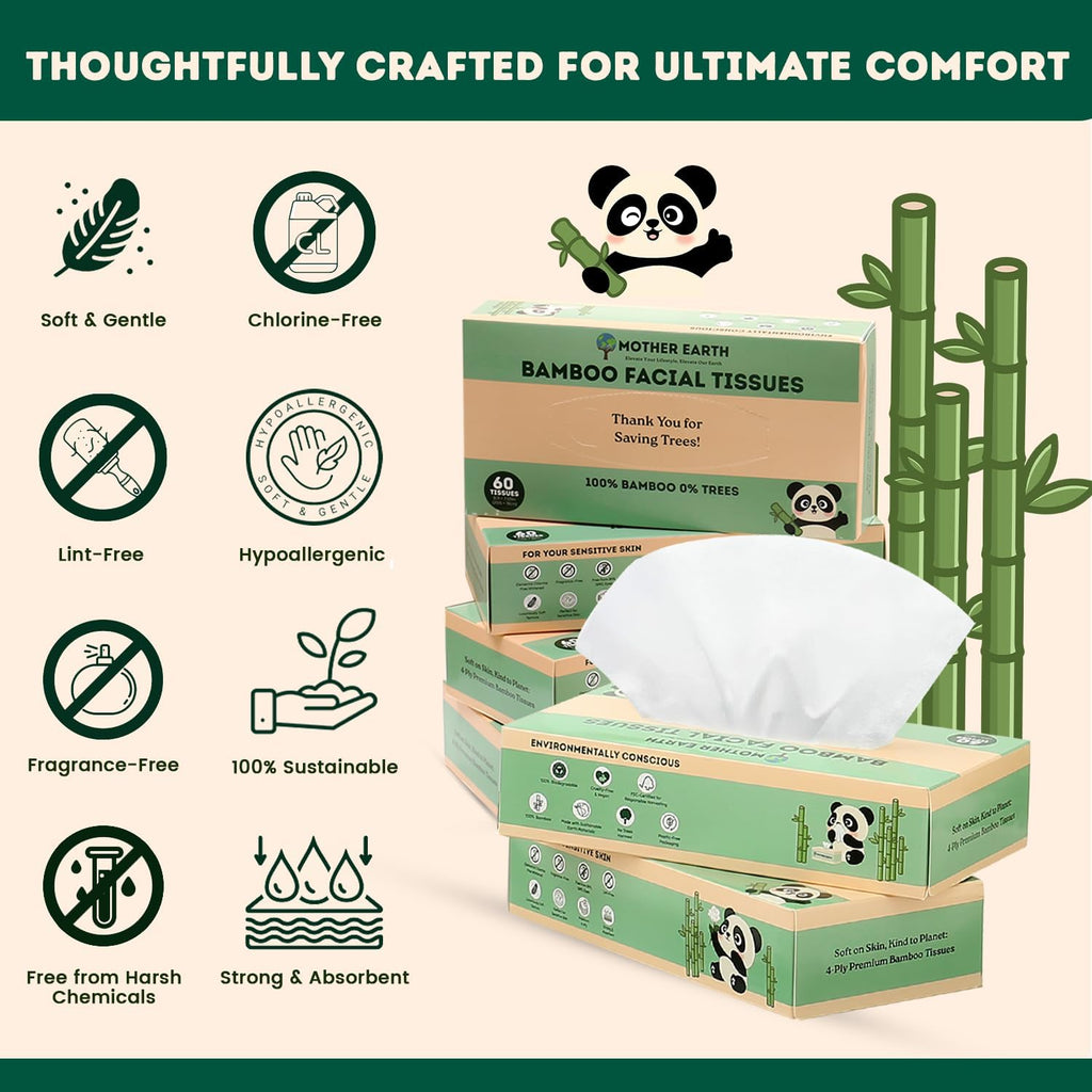MOTHER EARTH Bamboo Facial Tissues 4 Ply, Lint Free Flat Box Tissue, Hypoallergenic, Unscented, Tree Free, Septic Safe, Gentle for Sensitive Skin, 360 Count (60 Sheets x 6 Boxes)