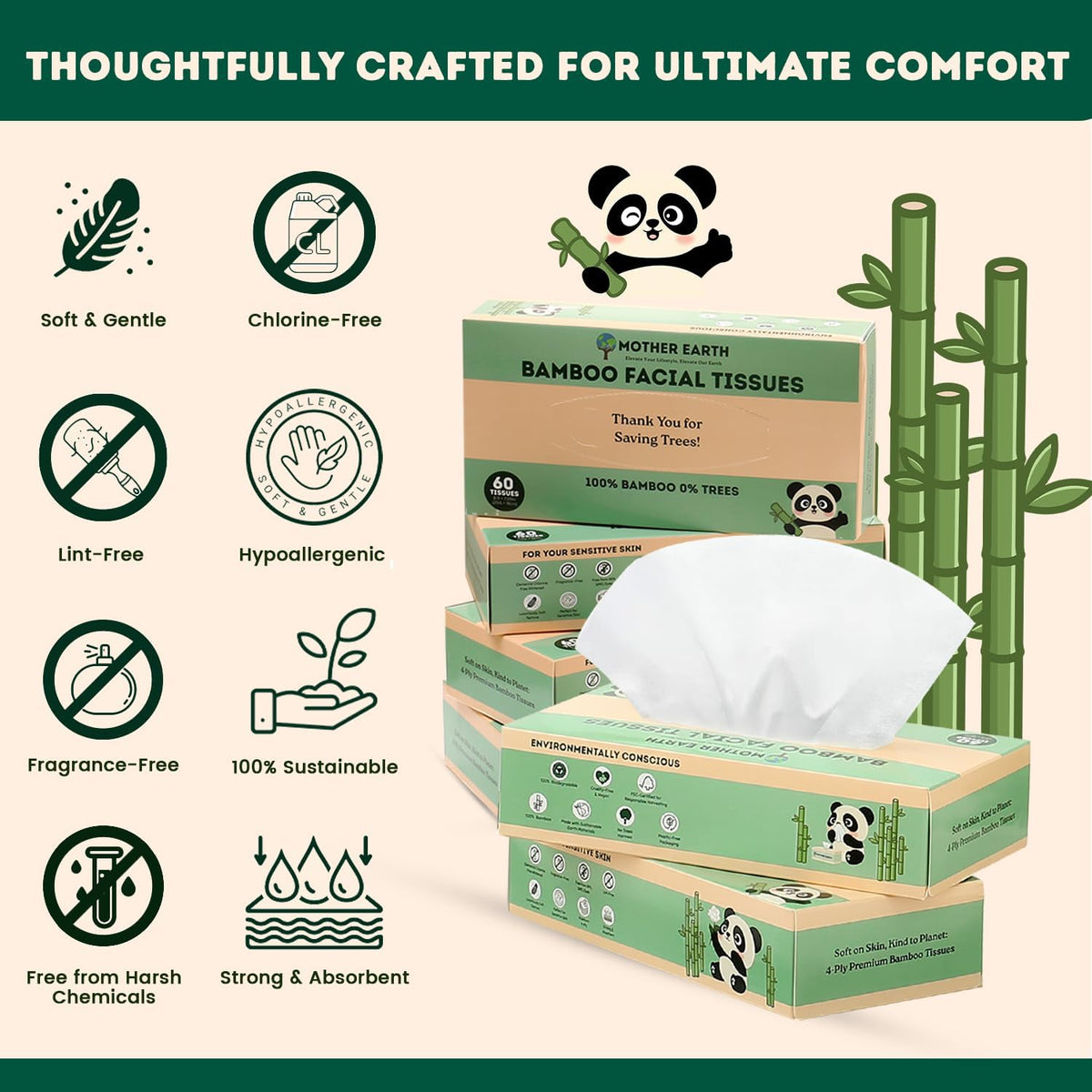 MOTHER EARTH Bamboo Facial Tissues 4 Ply, Lint Free Flat Box Tissue, Hypoallergenic, Unscented, Tree Free, Septic Safe, Gentle for Sensitive Skin, 360 Count (60 Sheets x 6 Boxes)