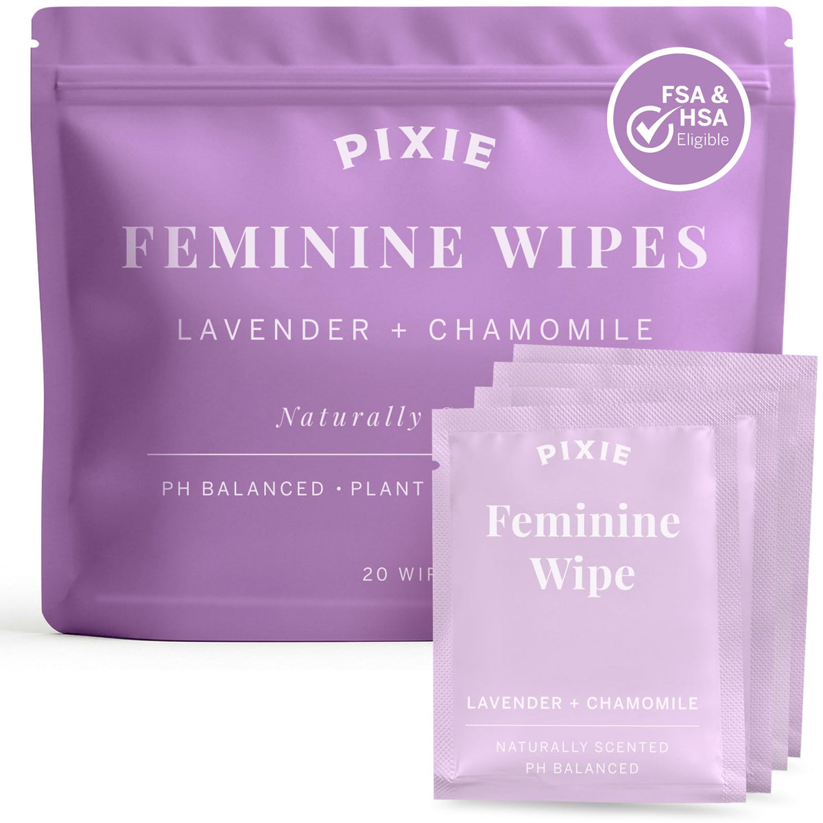 Pixie Feminine Wipes – Naturally Scented Rosewater + White Tea – Flushable, Biodegradable & pH Balanced – Individually Wrapped Wipes for On The Go – Cleaner for Menstrual Cups & Discs (20 Count)
