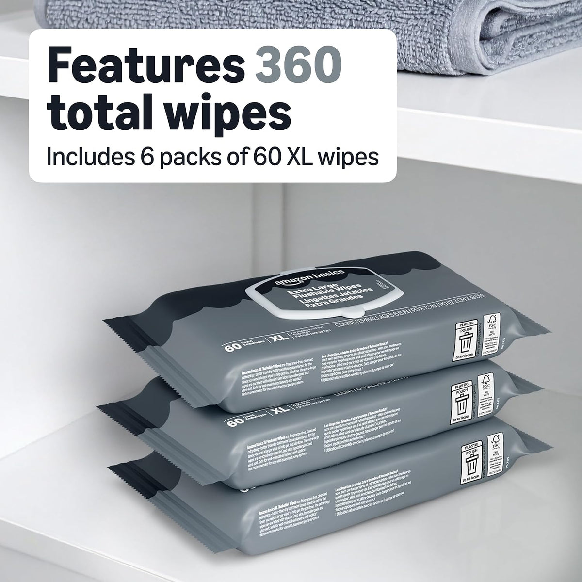Amazon Basics Extra Large Flushable Wipes, 360 Wipes (6 Packs of 60), Adult Wet Wipes and Resealable Closure, Packaging May Vary