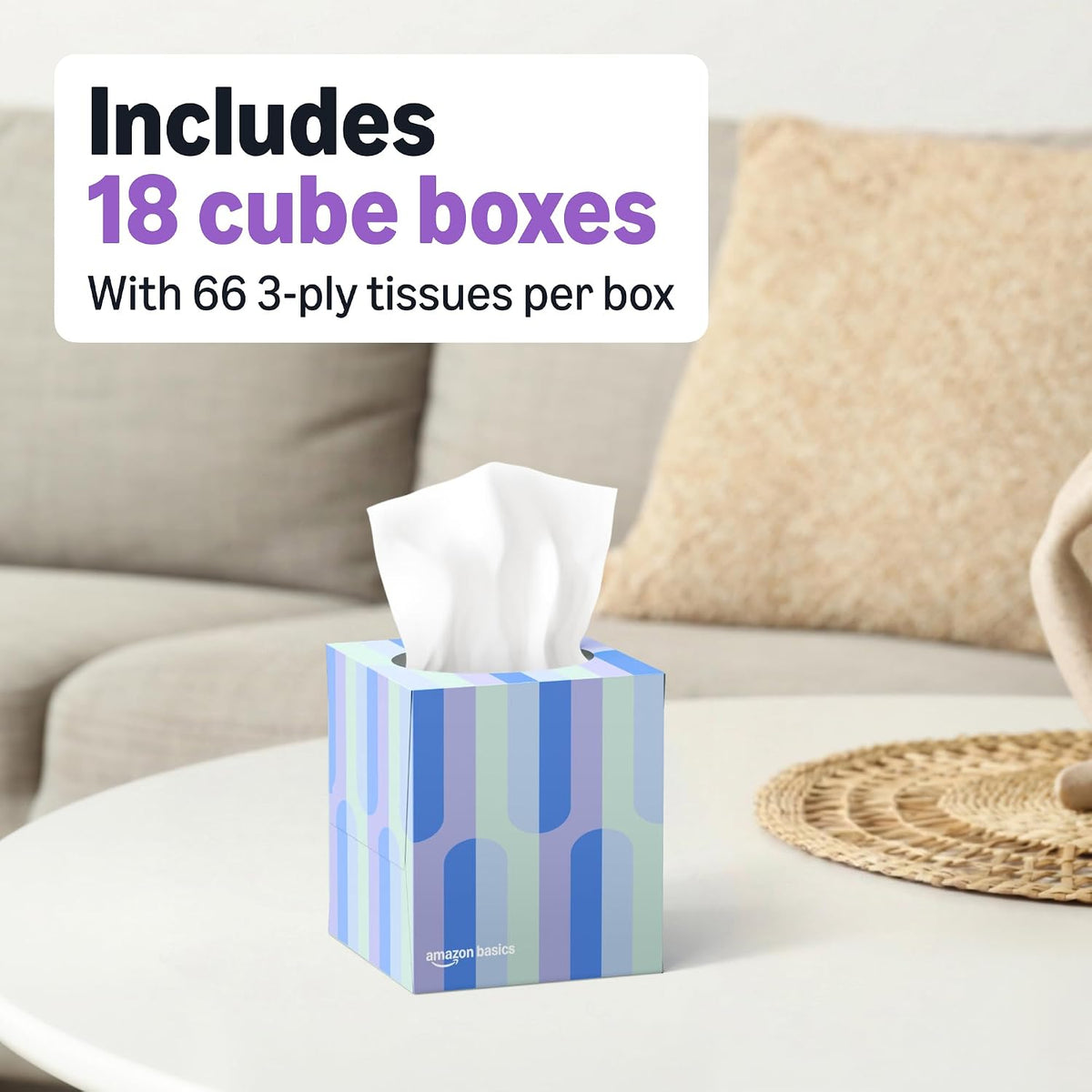 Amazon Basics Ultra-Soft 3-Ply Premium Facial Tissues, Colorful Boxes, 1188 Count (18 Packs of 66) (Previously Presto!)