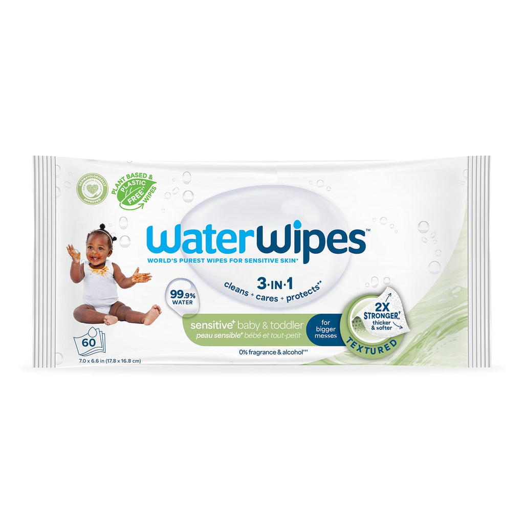 WaterWipes Sensitive+ Baby & Toddler Wipes, 3-In-1 Cleans, Cares, Protects, 99.9% Water, Textured Clean, Unscented & Hypoallergenic, 720 Count (12 Packs)