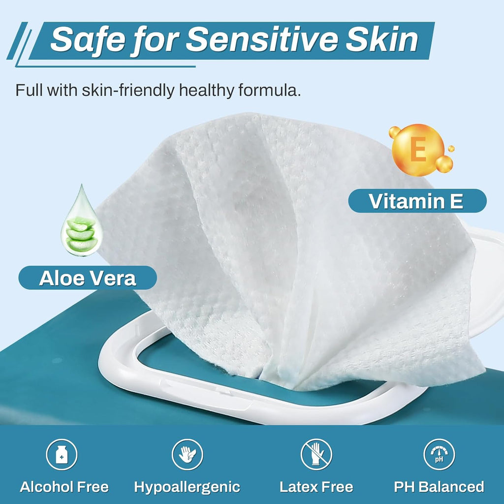 720 Count (12 Packs of 60) Wipes for Adults, 8" x 12" Extra Large Wet Wipes for Incontinence & Cleansing, Disposable Body Shower & Bath Wipes for Elderly Bathing No-Rinse - Vitamin E & Aloe