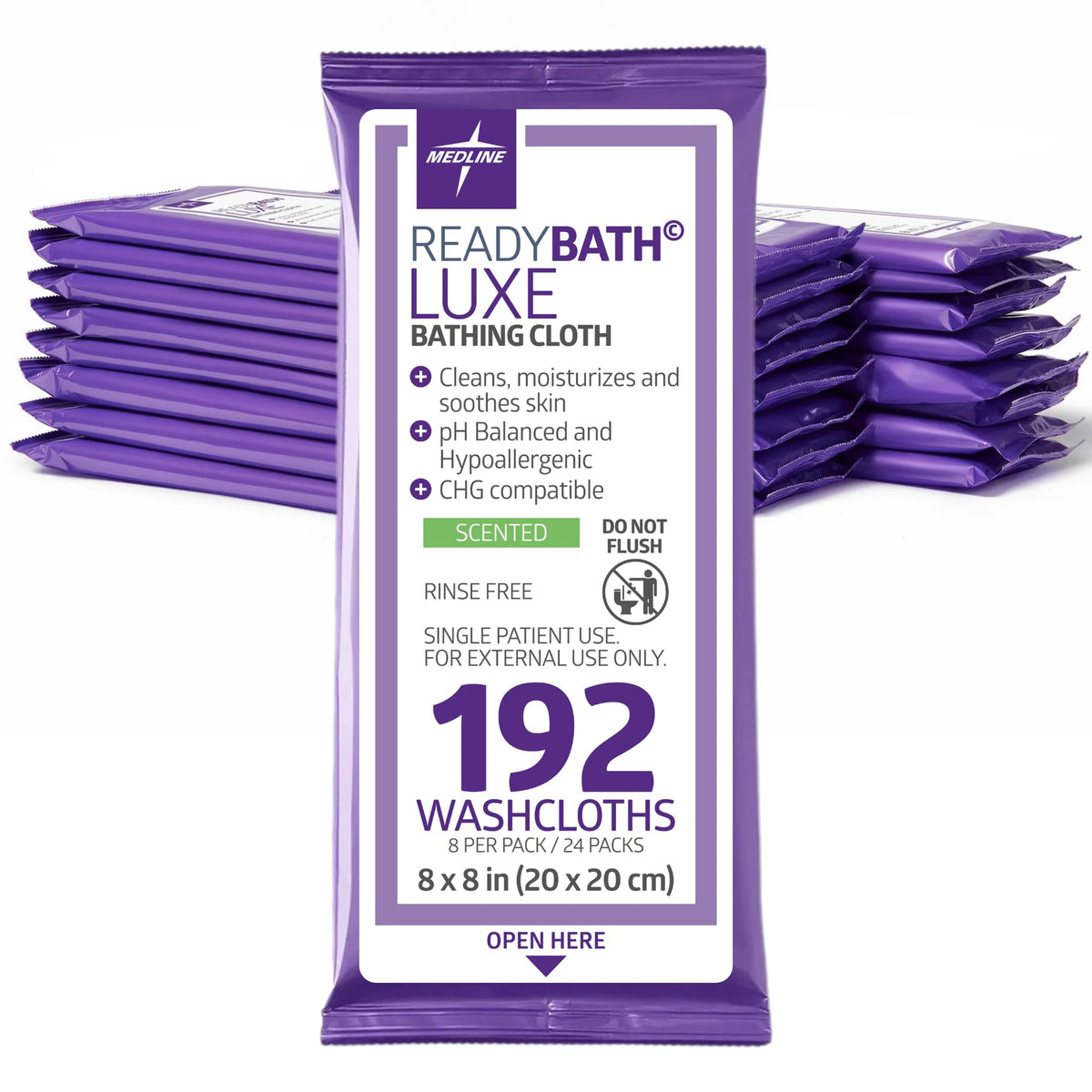 Medline ReadyBath LUXE Extra Thick Adult Bath Wipes, 192 Wipes (8 Wipes, 24 Packs), Unscented, No Rinse Formula with Aloe, Shower Wipes for Sensitive Skin, Hypoallergenic Body Wash Wipes, 8 x 8 Inch