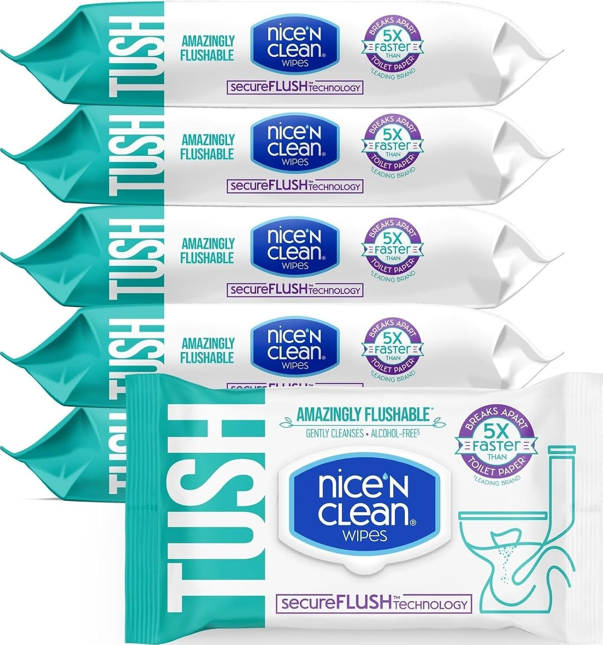 Nice 'N Clean SecureFLUSH Flushable Wet Wipes (42 Count - 6 Packs) | Moist Toilet Tissue with Moisturizing Aloe & Vitamin E | 0% Alcohol Formula for Sensitive Skin | Butt Wipes for Adults