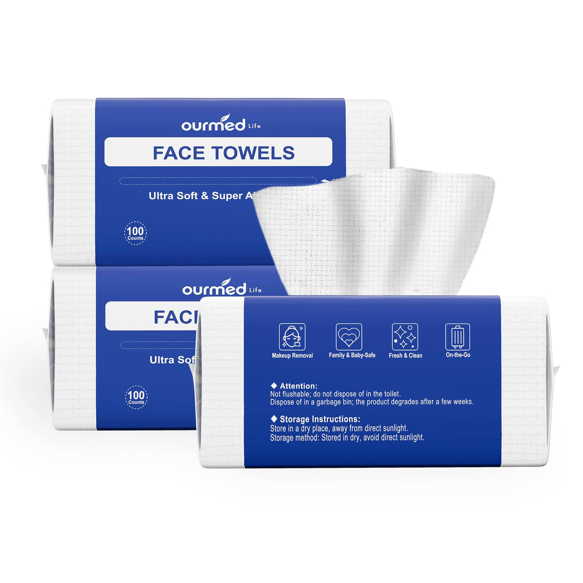 Ourmed Life Clean Face Towels Disposable, Ultra Soft & Absorbent, 100 Ct