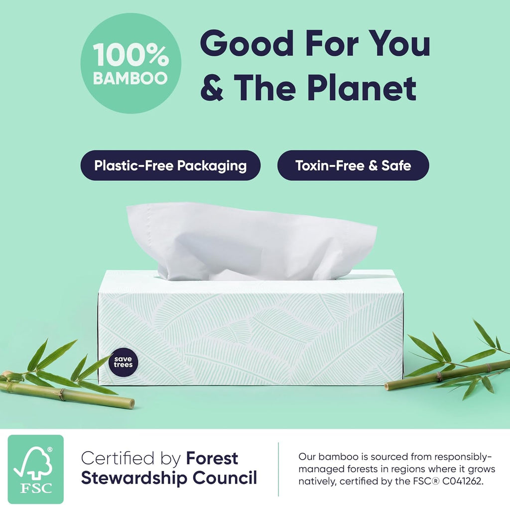 Save Trees Bamboo Facial Tissues - 4 Boxes of Eco-Friendly, 3-Ply Hypoallergenic Tissues, 90 Sheets per Box, FSC Certified, Plastic-Free Packaging, Soft & Gentle for Home Use