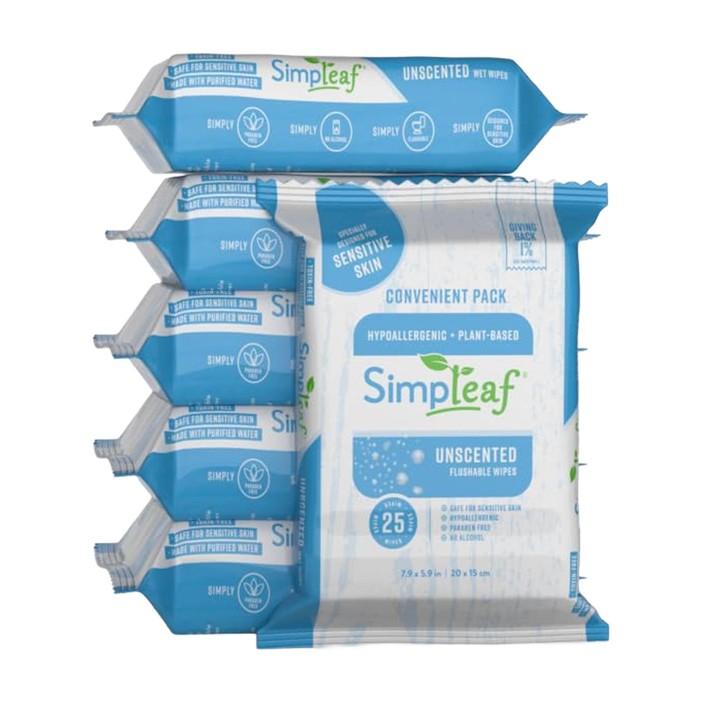 Simpleaf Flushable Wet Wipes Unscented | Plastic Free, Paraben & Alcohol Free | Hypoallergenic & Safe for Sensitive Skin | Soothing Aloe Formula | Adult Toilet Wipes (6 x 50 Count Pack) 300 Count