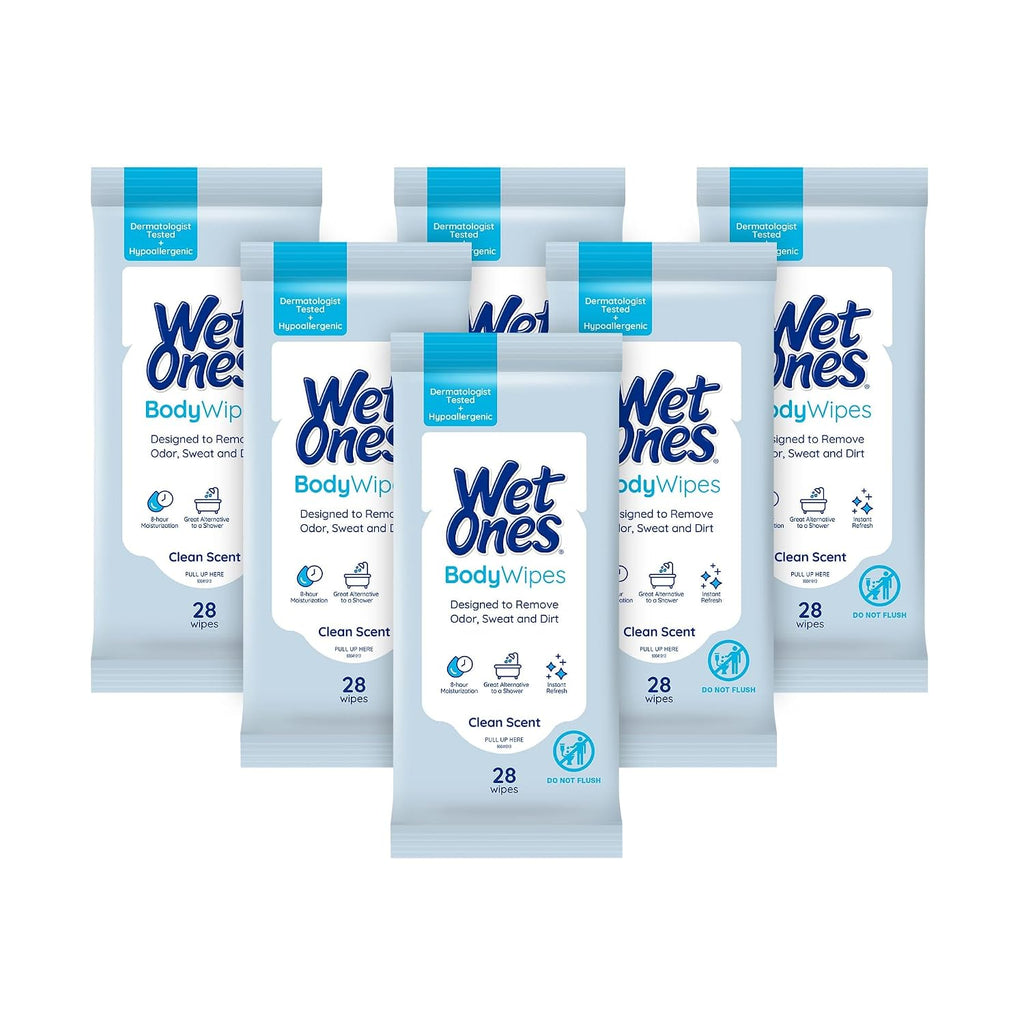 Wet Ones Body Wipes, Clean Scent, 28 ct (6 Pack)
