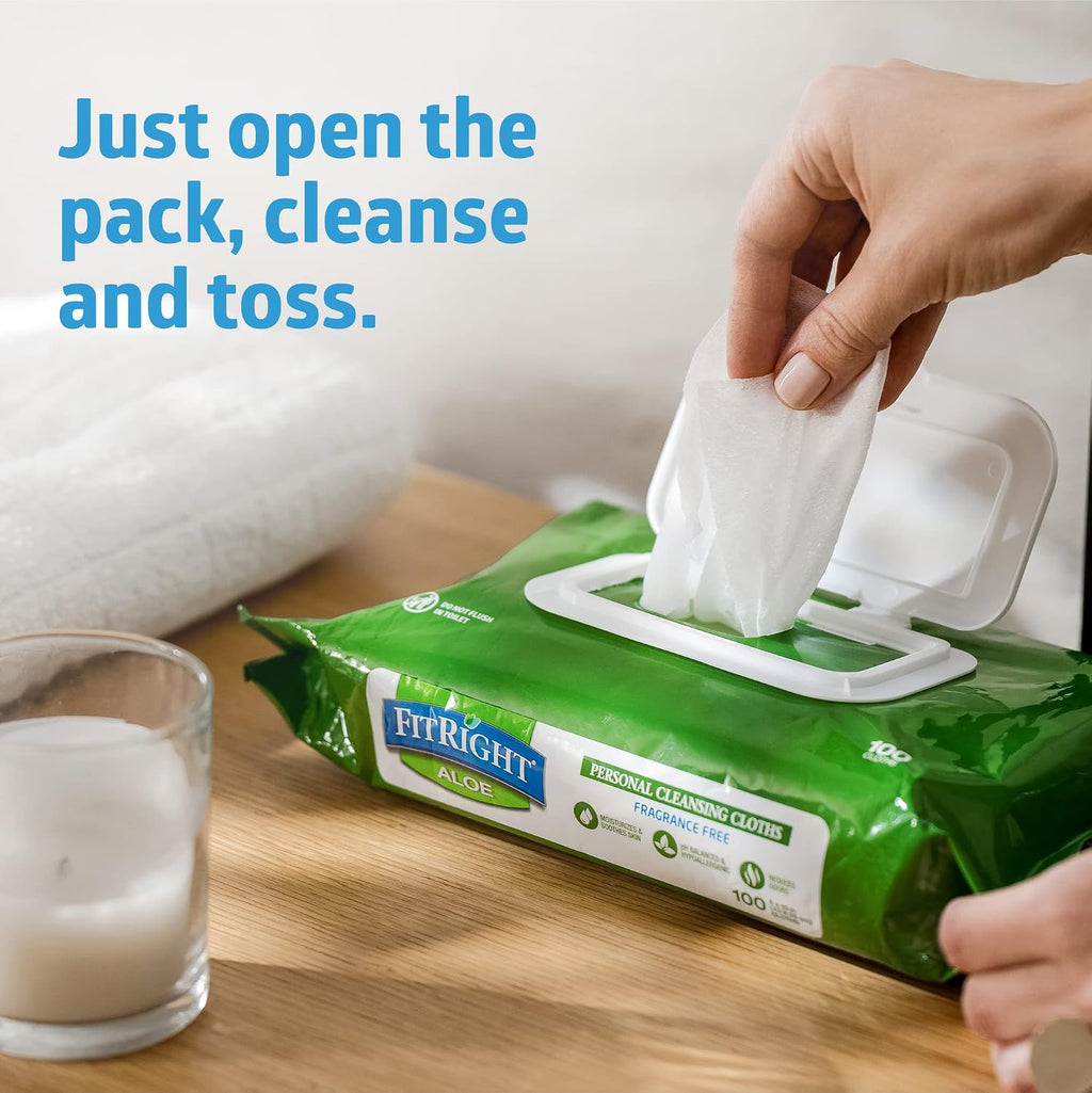FitRight Personal Cleansing Wipes with Aloe 8x10 Unscented 600 Count