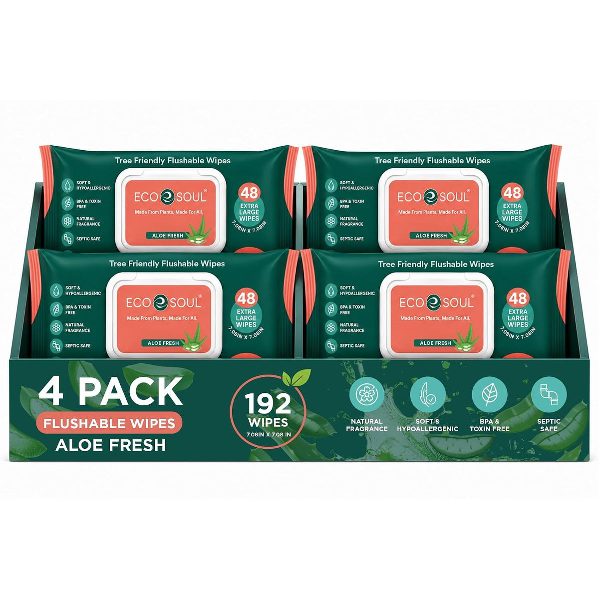 ECO SOUL Bamboo Flushable Wipes, (4 Pack, 48 Wipes Each, Aloe Vera)