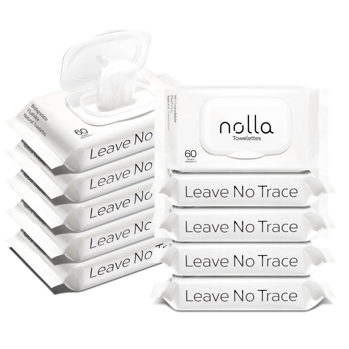 Nolla Flushable Wipes, 100% Plant-Based, Plastic-Free and Biodegradable - For Adults and Kids - Unscented + Soothing Aloe and Vitamin E 360 Count (6 Packs of 60)