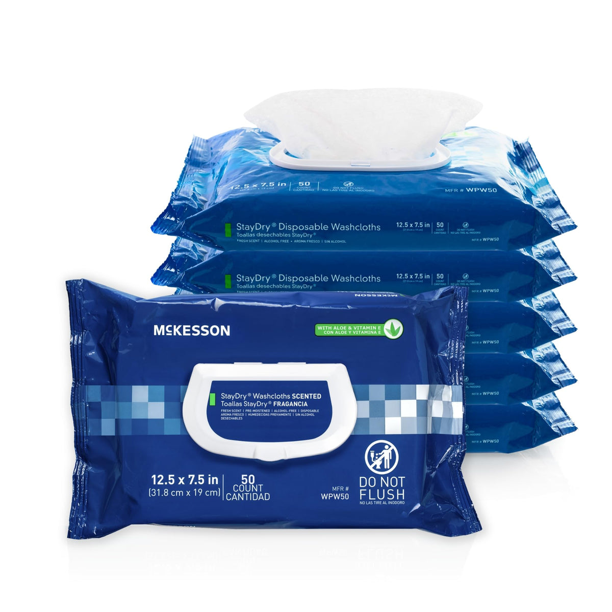 McKesson Disposable Wipe 12 Pack, 600 Washcloths - Large Adult Body and Incontinence Washcloths with Aloe and Vitamin E, Alcohol-Free, 50 Wipes Per Pack