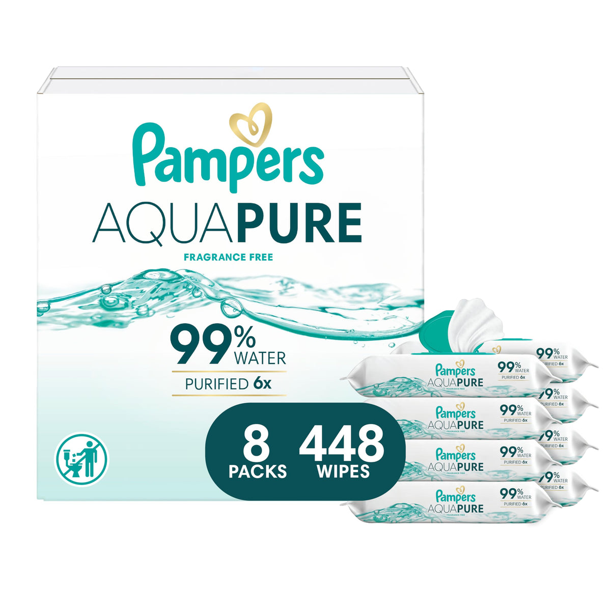 Pampers Aqua Pure Baby Wipes, 99% Water, Fragrance Free, Unscented, Water Based, Multi-Use, 672 Wipes Total (12X Flip-Top Packs) [Packaging May Vary]