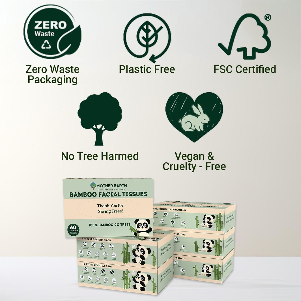 MOTHER EARTH Bamboo Facial Tissues 4 Ply, Lint Free Flat Box Tissue, Hypoallergenic, Unscented, Tree Free, Septic Safe, Gentle for Sensitive Skin, 360 Count (60 Sheets x 6 Boxes)