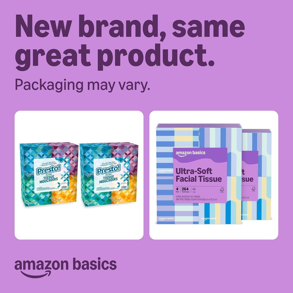 Amazon Basics Facial Tissues, 3-Ply, Ultra-Soft | Premium | 264 Count | 8 Packs (Previously Presto!)