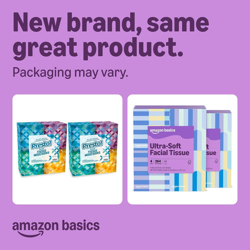 Amazon Basics Facial Tissues, 3-Ply, Ultra-Soft | Premium | 264 Count | 8 Packs (Previously Presto!)