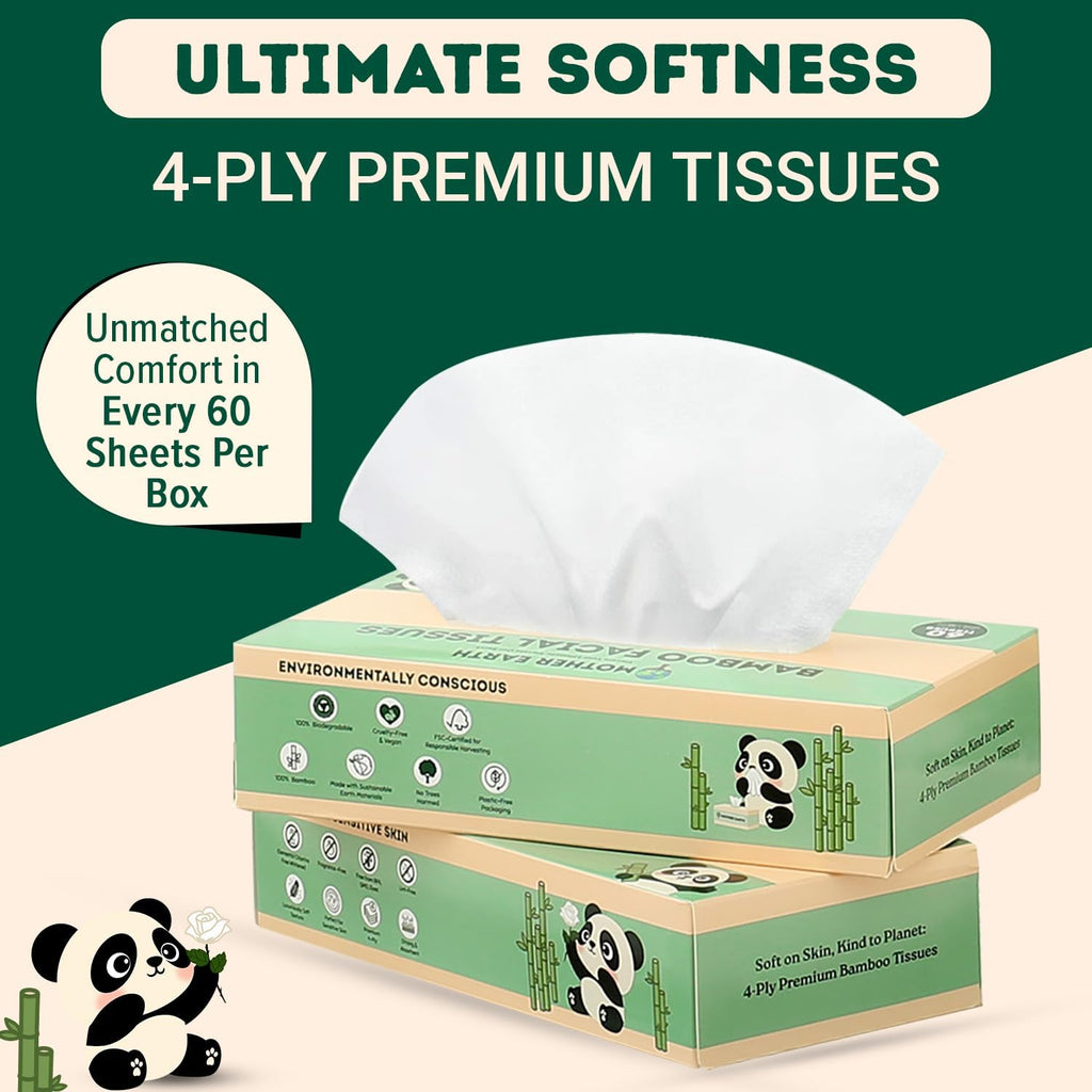 MOTHER EARTH Bamboo Facial Tissues 4 Ply, Lint Free Flat Box Tissue, Hypoallergenic, Unscented, Tree Free, Septic Safe, Gentle for Sensitive Skin, 360 Count (60 Sheets x 6 Boxes)