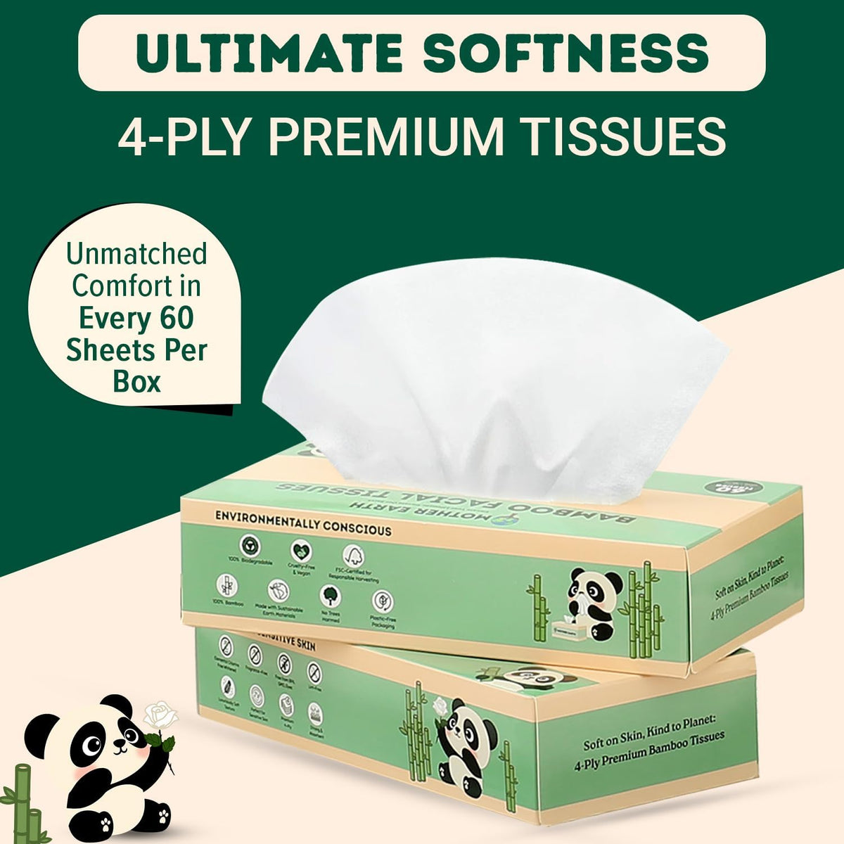 MOTHER EARTH Bamboo Facial Tissues 4 Ply, Lint Free Flat Box Tissue, Hypoallergenic, Unscented, Tree Free, Septic Safe, Gentle for Sensitive Skin, 360 Count (60 Sheets x 6 Boxes)