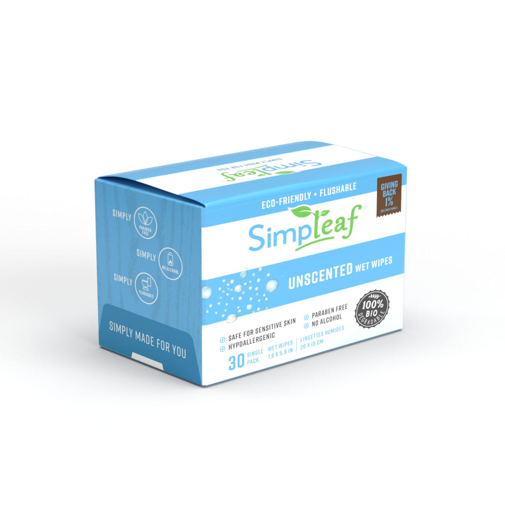 Simpleaf Flushable Unscented Single Pack Wet Wipes | Paraben & Alcohol Free | Hypoallergenic & Safe for Sensitive Skin | Soothing Aloe Vera Formula | (30 x 2 Single Pack Wipes) 60 Counts Total