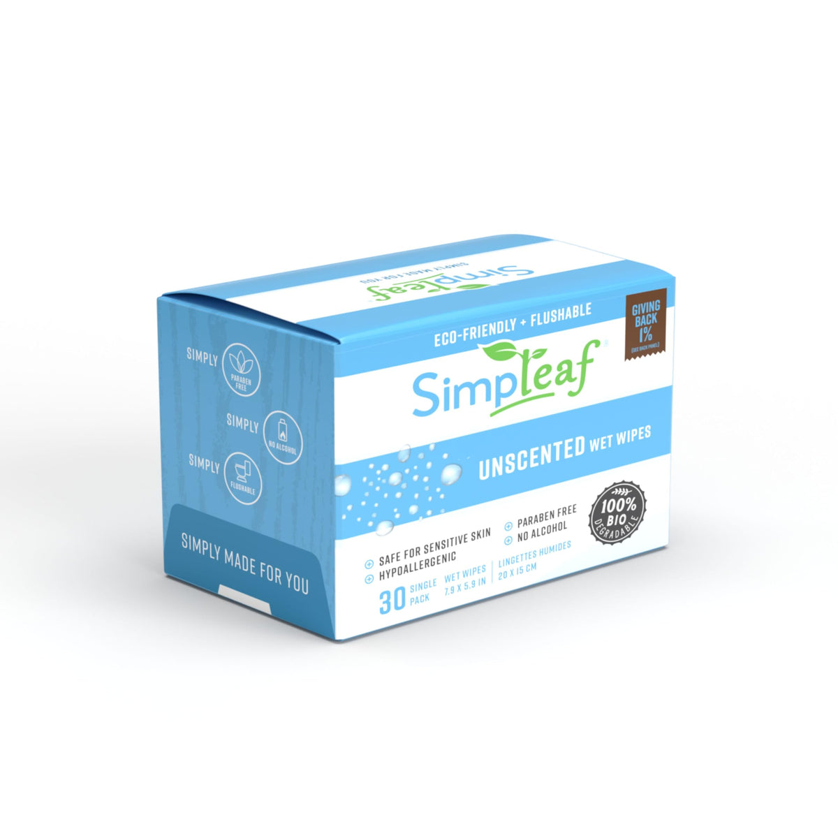 Simpleaf Flushable Unscented Single Pack Wet Wipes | Paraben & Alcohol Free | Hypoallergenic & Safe for Sensitive Skin | Soothing Aloe Vera Formula | (30 x 2 Single Pack Wipes) 60 Counts Total