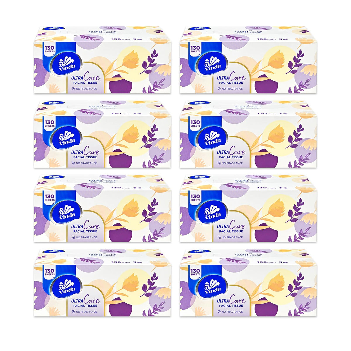 Vinda 3-Ply Ultra Care Facial Tissues, 86 Count Each Box, 8 Cube Boxes