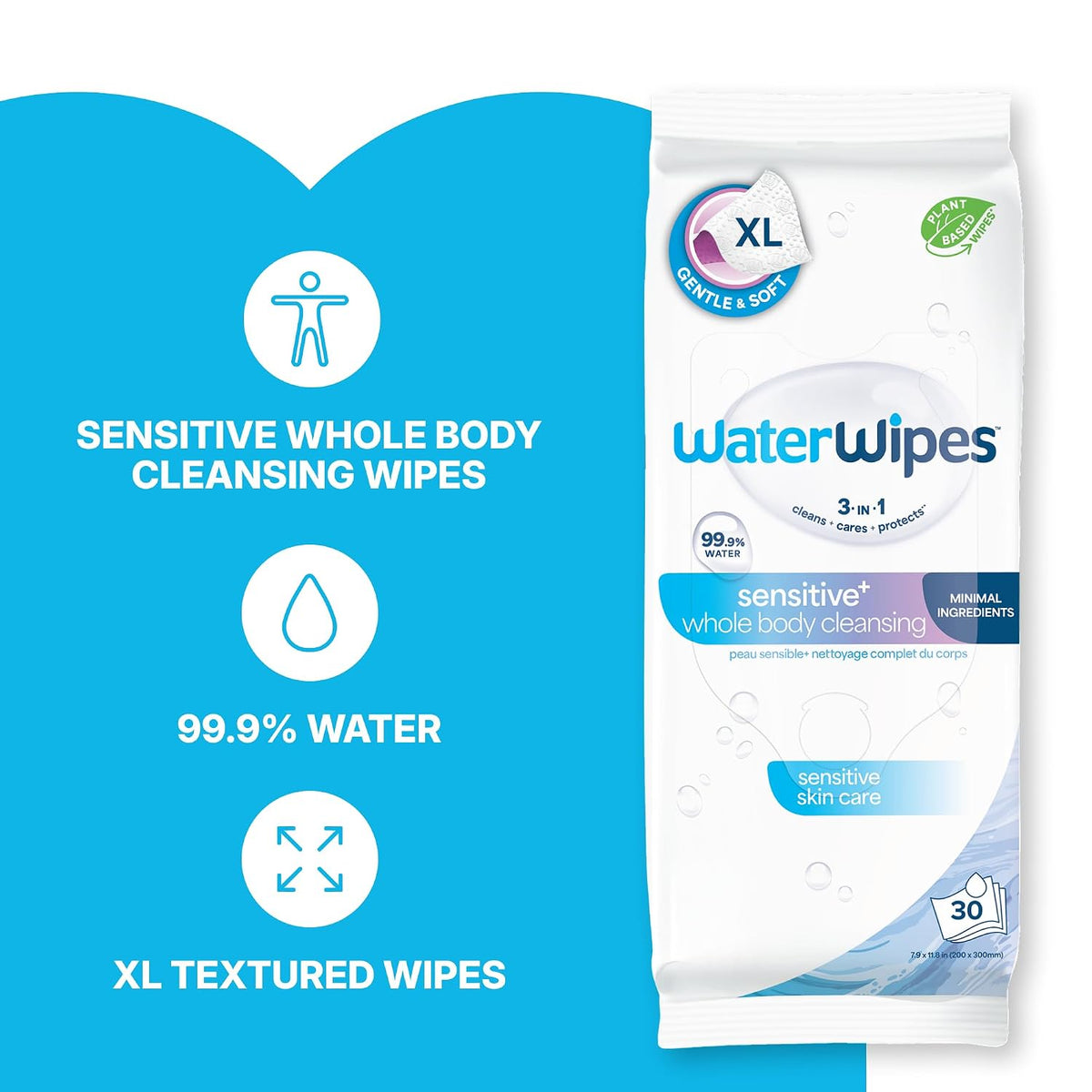 WaterWipes Sensitive Whole Body Cleansing Wipes, 99.9% Purified Water, XL Textured Wipes, Incontinence Care, Fragrance Free, 90 Count