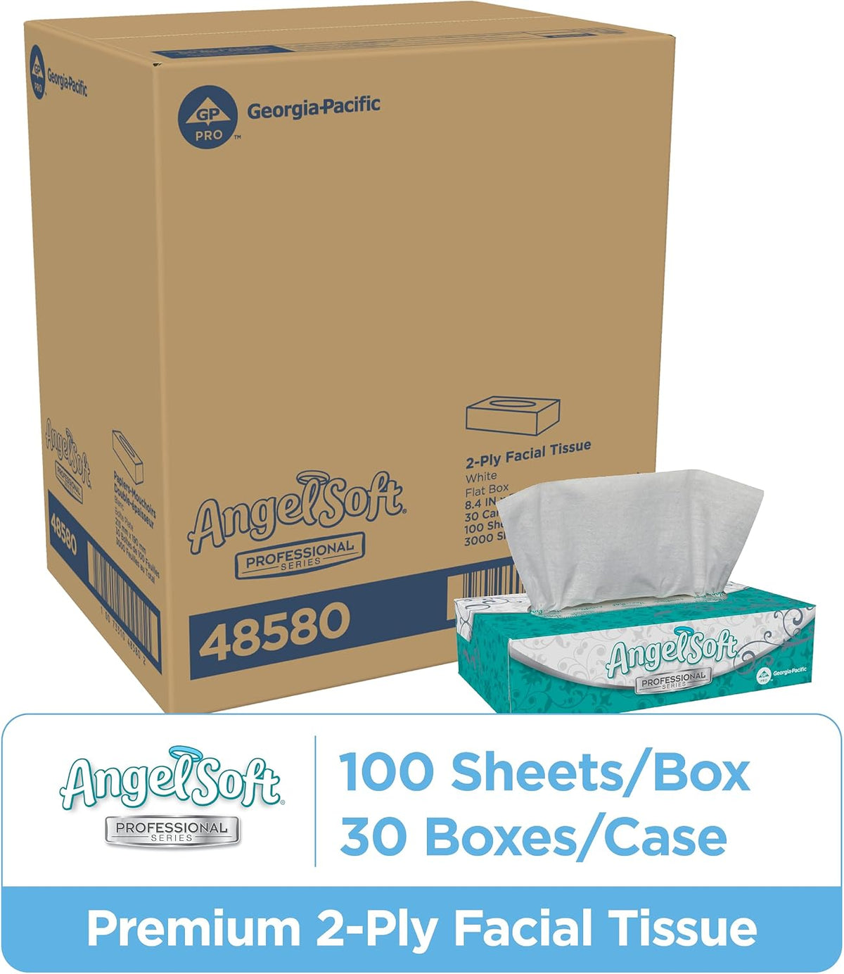 Georgia-Pacific Angel Soft Professional Series 2-Ply Facial Tissue (48580), 100 Sheets Per Box, 30 Tissue Flat Boxes Per Bulk Case