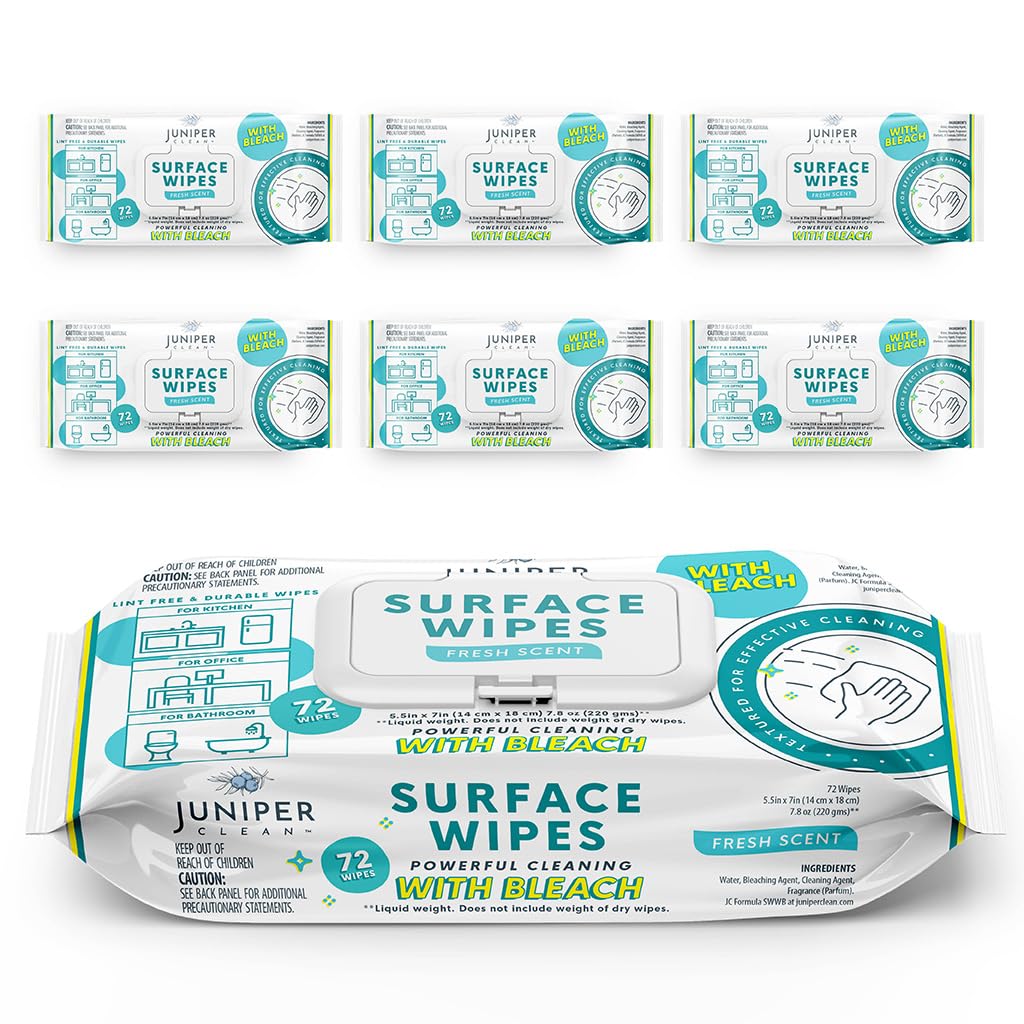 Juniper CLEAN 24 Pack Surface Cleaning Wipes with Bleach, All-Purpose Cleaner for Bathroom, Kitchen, Office, 1728 Count Soft Flow, Fresh Scent, Lint Free & Durable
