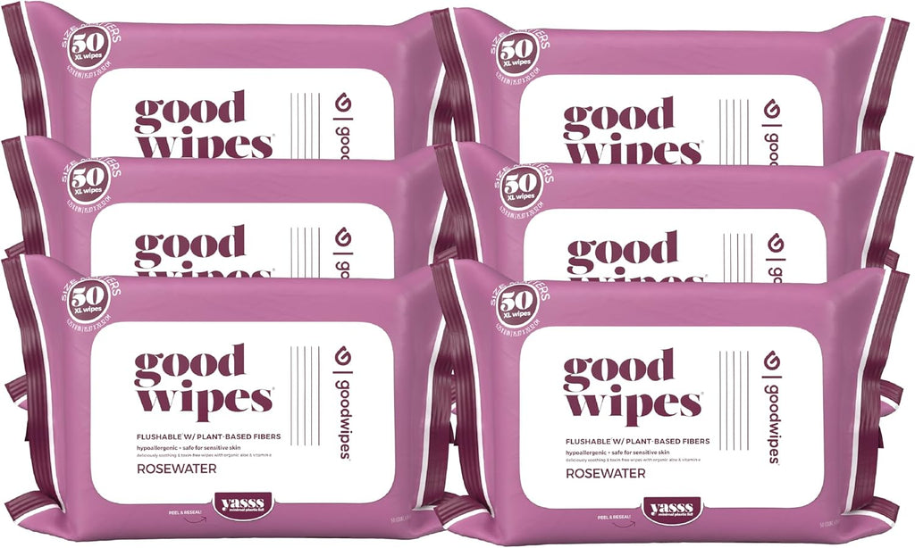 goodwipes Flushable Butt Wipes Made w/Soothing Botanicals & Aloe – Soft & Gentle Wet Wipe Dispenser for Home Use, Septic & Sewer Safe – Largest Adult Toilet Wipes – Rosewater, 300 count (6 packs)