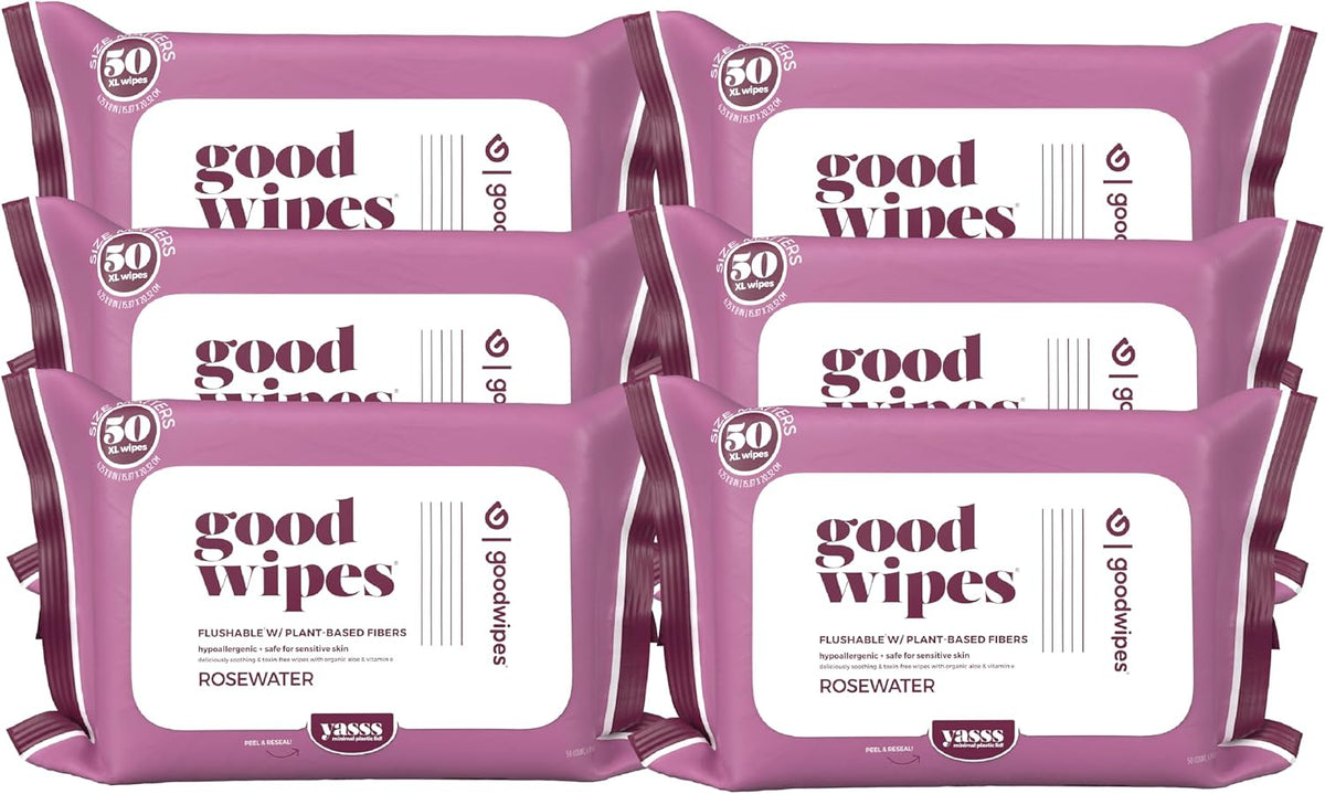 goodwipes Flushable Butt Wipes Made w/Soothing Botanicals & Aloe – Soft & Gentle Wet Wipe Dispenser for Home Use, Septic & Sewer Safe – Largest Adult Toilet Wipes – Rosewater, 300 count (6 packs)