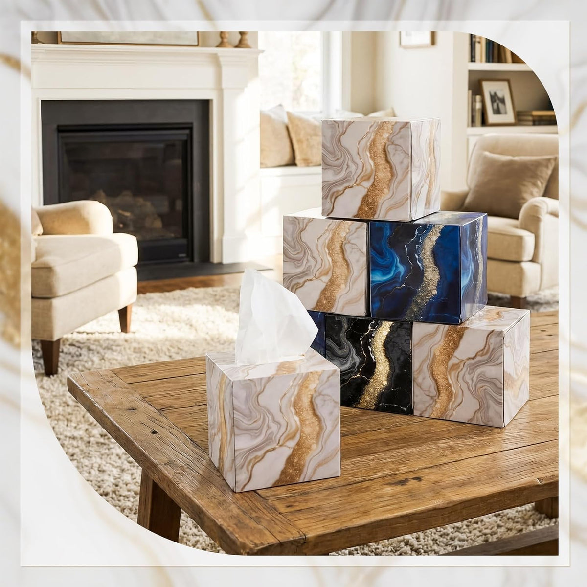 12 Pack Farmhouse Facial Tissues Cube Boxes 600 Sheets 3 Ply Small Square Home Face Tissues Bulk for Housewarming Gifts and Summer Home Decor(Marble Pattern)