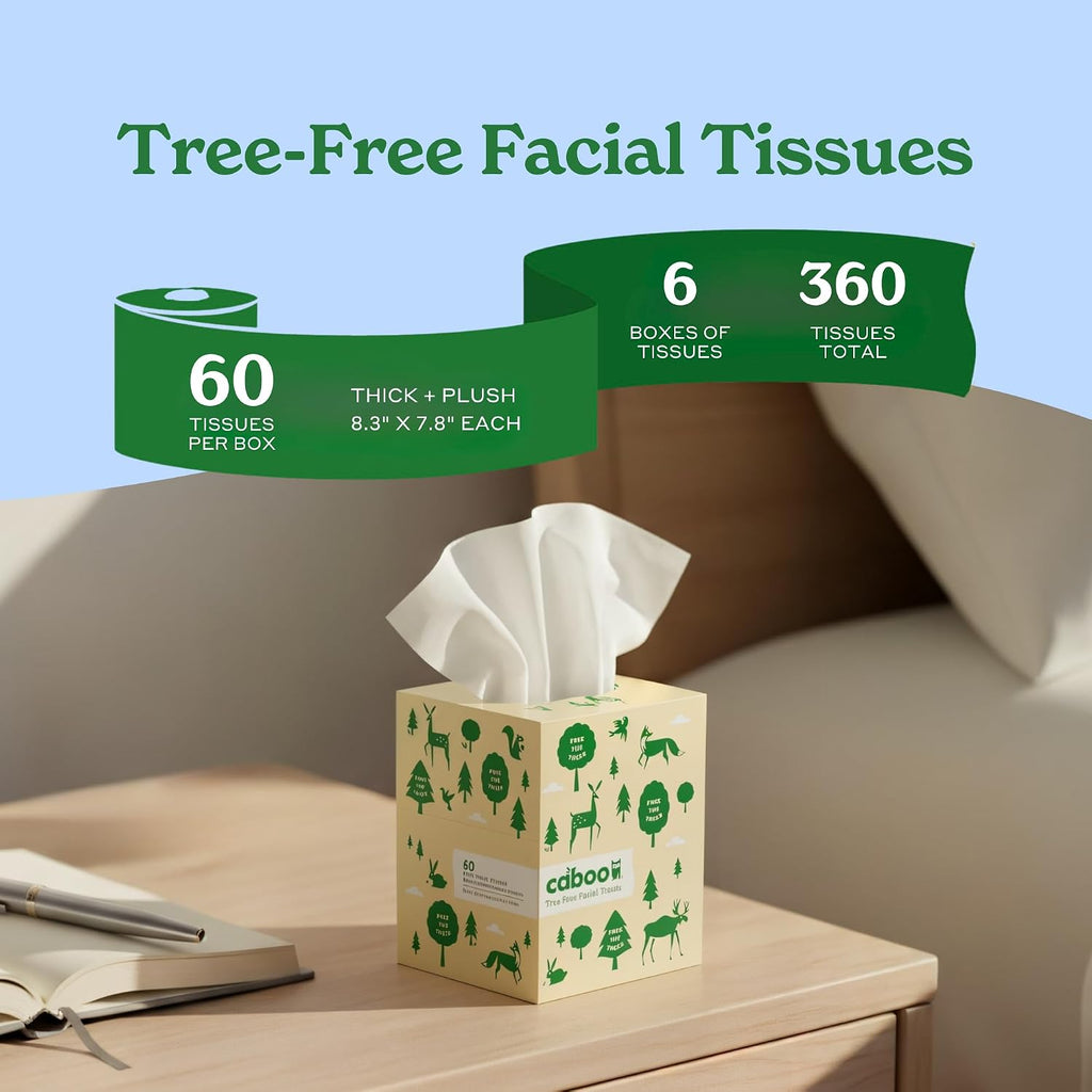 Caboo Tree Free Facial Tissues, 60 Tissues Per Box, 360 Total