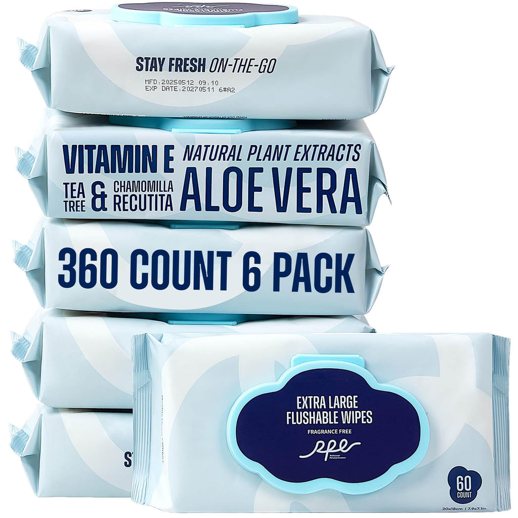 RPE Life Flushable Wet Wipes - 6 Portable Travel Size Packs (60 Ct) - Unscented Extra-Large Body & Hand Tissue with Vitamin E & Aloe - For Adults, Kids & Children - Perfect for On-the-Go & Outdoor Use