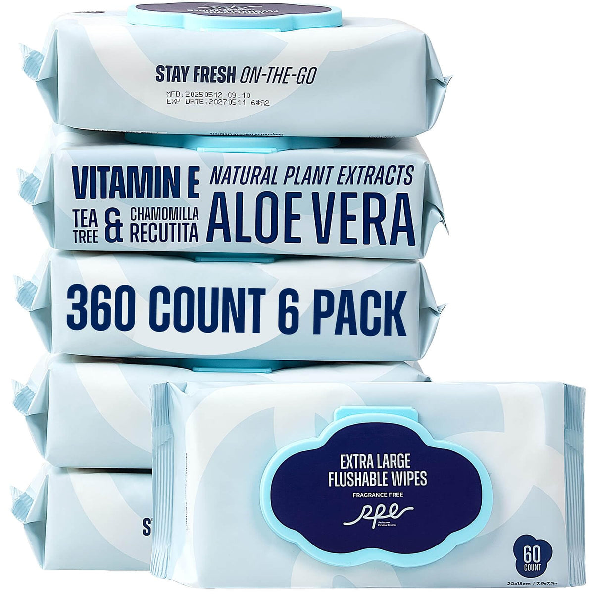 RPE Life Flushable Wet Wipes - 6 Portable Travel Size Packs (60 Ct) - Unscented Extra-Large Body & Hand Tissue with Vitamin E & Aloe - For Adults, Kids & Children - Perfect for On-the-Go & Outdoor Use