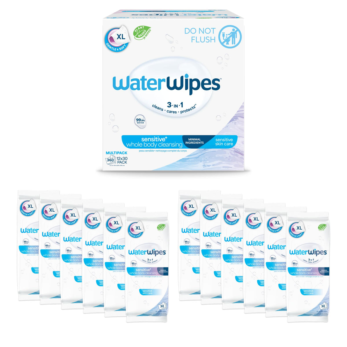WaterWipes Sensitive Whole Body Cleansing Wipes, 99.9% Purified Water, XL Textured Wipes, Incontinence Care, Fragrance Free, 90 Count