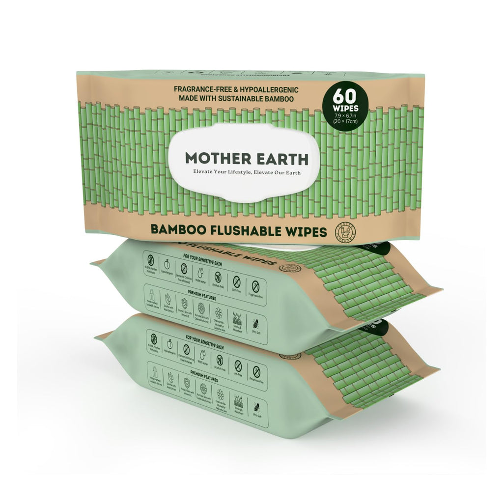 MOTHER EARTH Bamboo Flushable Wipes for Sensitive Skin, Septic Safe, Hypoallergenic, Unscented Toilet Wipes (Pack of 3, Total of 180 Flushable Wipes)