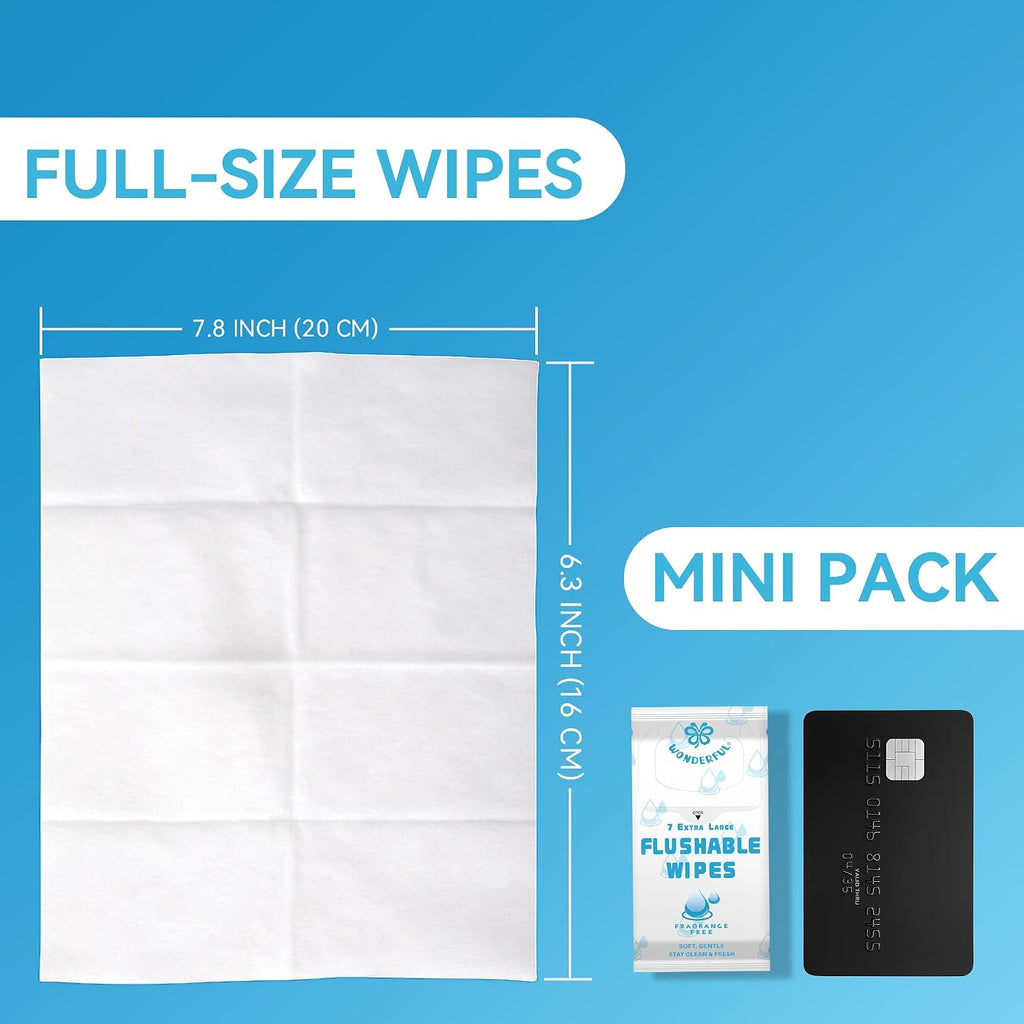WONDERFUL Travel Flushable Wipes, 8 Mini Packs, Unscented Plant-Based Wet Wipes for Adults & Kids, Septic Safe, Gentle for Sensitive Skin & Hypoallergenic (Total 56 Wipes)