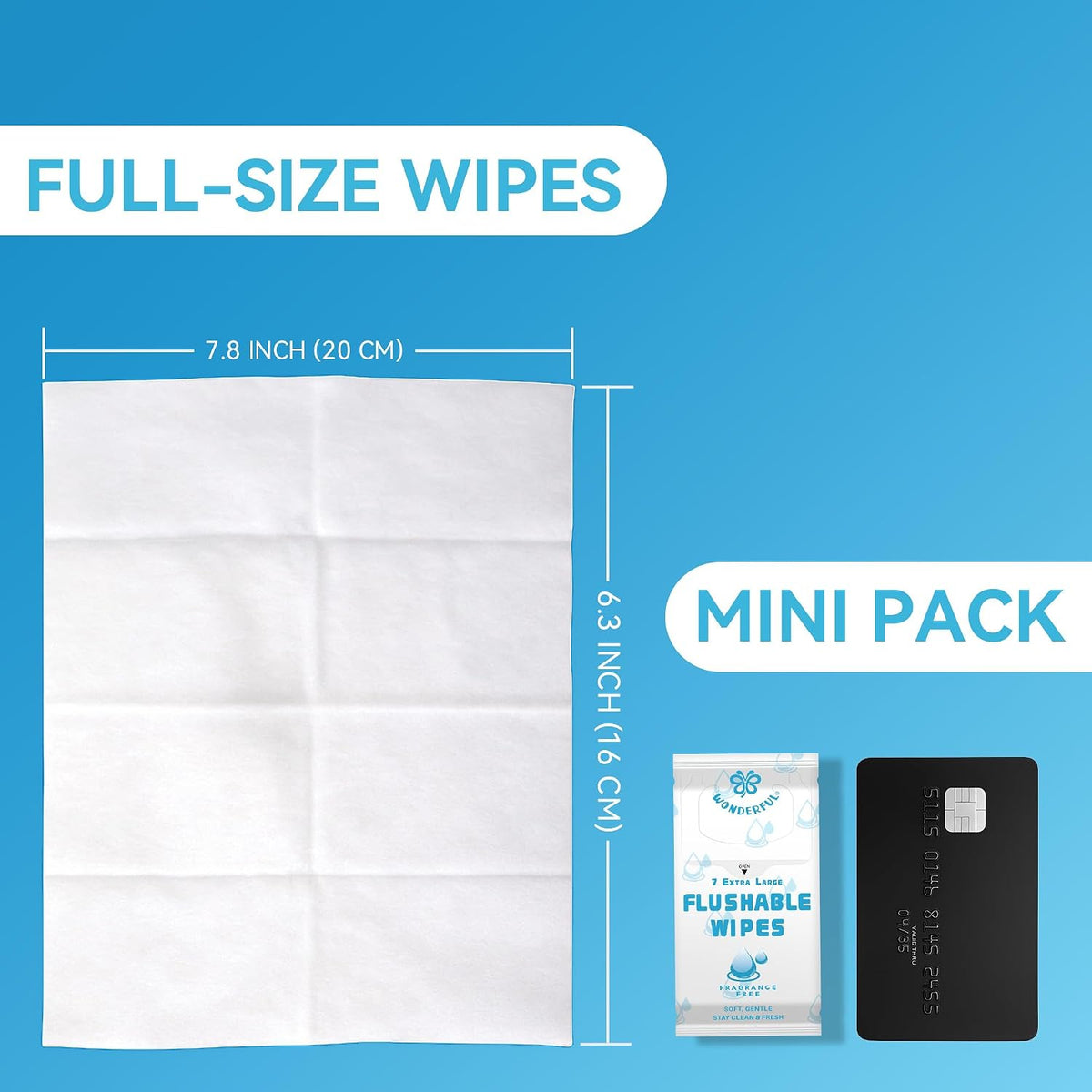 WONDERFUL Travel Flushable Wipes, 8 Mini Packs, Unscented Plant-Based Wet Wipes for Adults & Kids, Septic Safe, Gentle for Sensitive Skin & Hypoallergenic (Total 56 Wipes)