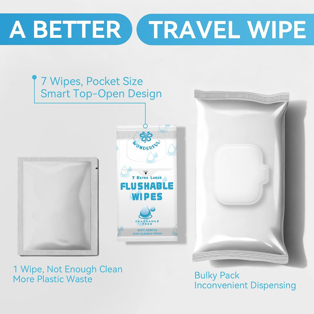 WONDERFUL Travel Flushable Wipes, 8 Mini Packs, Unscented Plant-Based Wet Wipes for Adults & Kids, Septic Safe, Gentle for Sensitive Skin & Hypoallergenic (Total 56 Wipes)