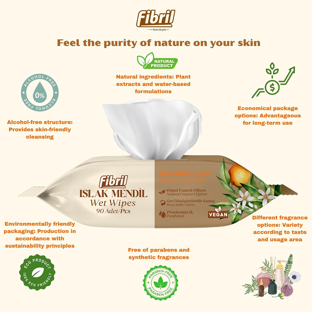 Fibril Multi-Purpose Wet Wipes – Gentle on Sensitive Skin, Paraben & Alcohol-Free, Resealable Flip-Top Lid | Daily Cleansing Wipes for Body, Hand & Face | Orange Blossom (1 Pack, 90 Count)