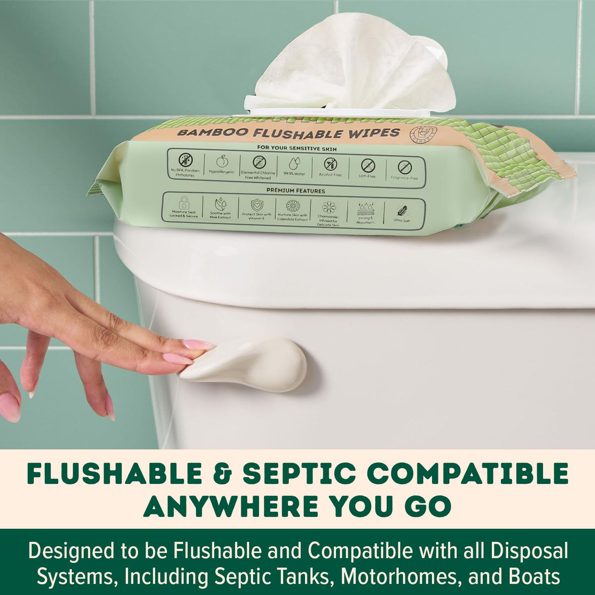 MOTHER EARTH Bamboo Flushable Wipes for Sensitive Skin, Septic Safe, Hypoallergenic, Unscented Toilet Wipes (Pack of 3, Total of 180 Flushable Wipes)