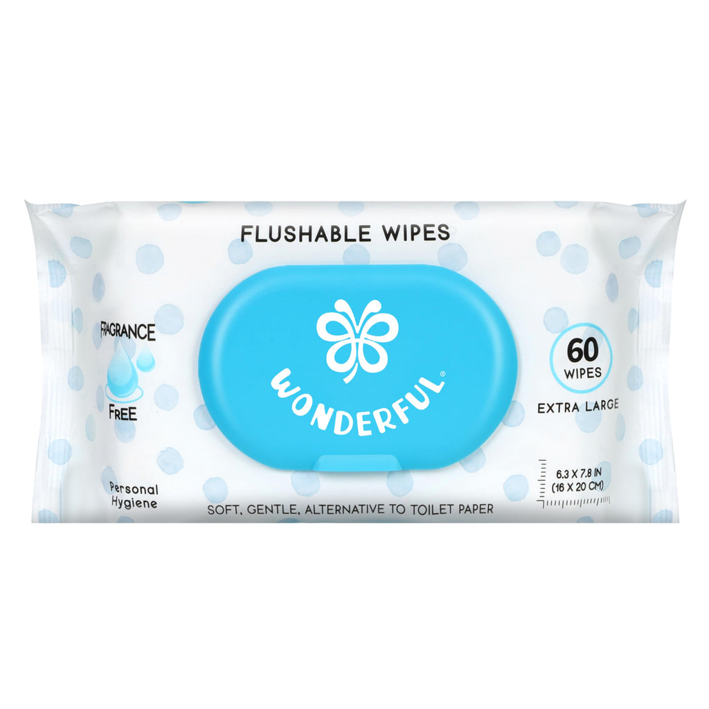 WONDERFUL Flushable Wipes, Unscented 100% Plant-Based Wet Butt Wipe for Adults & Kids, Sewer Septic Safe, Gentle for Sensitive Skin, Wipes Flushable Pack for Bathroom & Travel, 6-Pack (360 Count)