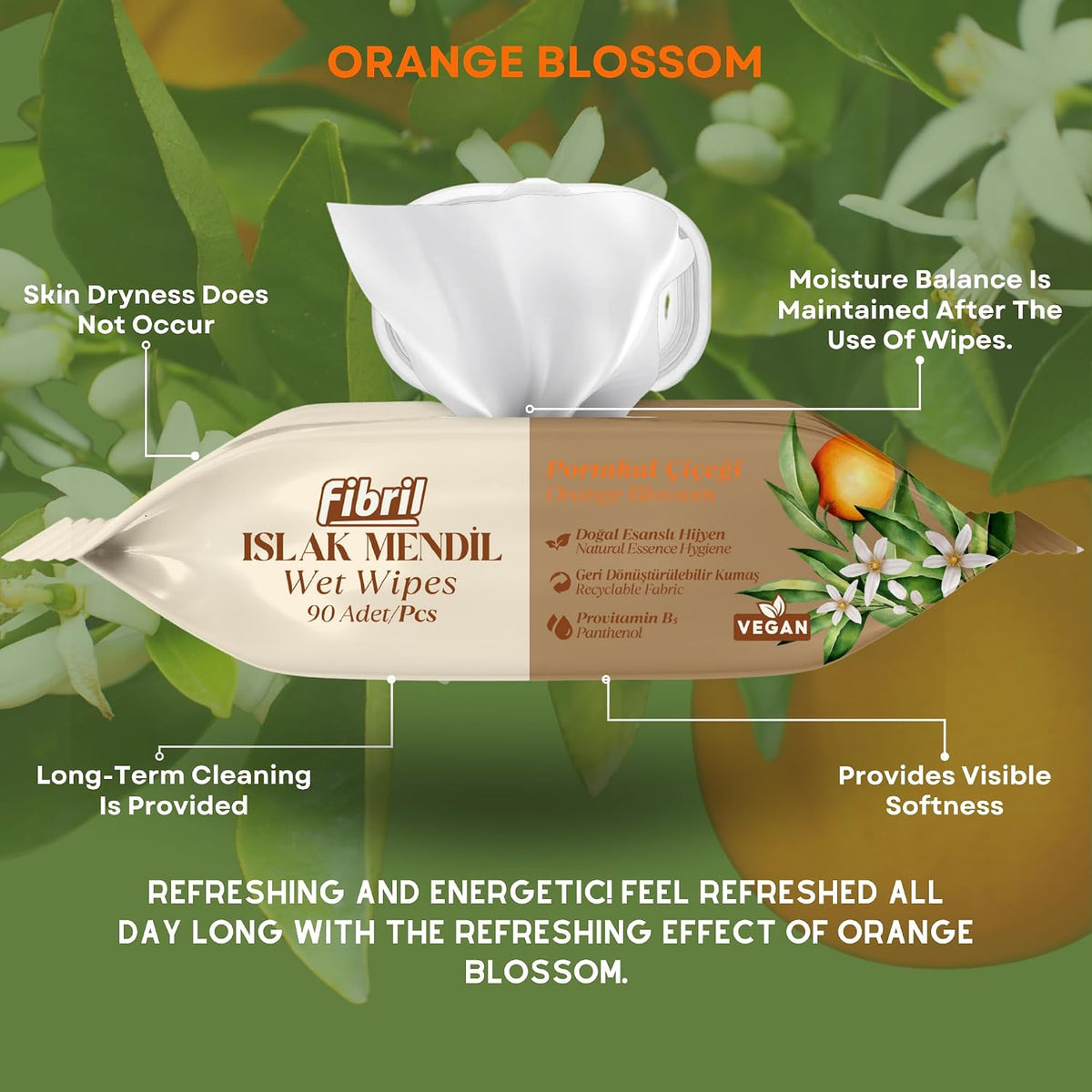 Fibril Multi-Purpose Wet Wipes – Gentle on Sensitive Skin, Paraben & Alcohol-Free, Resealable Flip-Top Lid | Daily Cleansing Wipes for Body, Hand & Face | Orange Blossom (1 Pack, 90 Count)