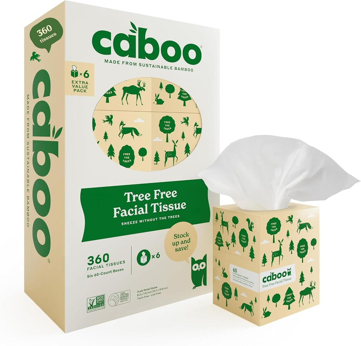 Caboo Tree Free Facial Tissues, 60 Tissues Per Box, 360 Total