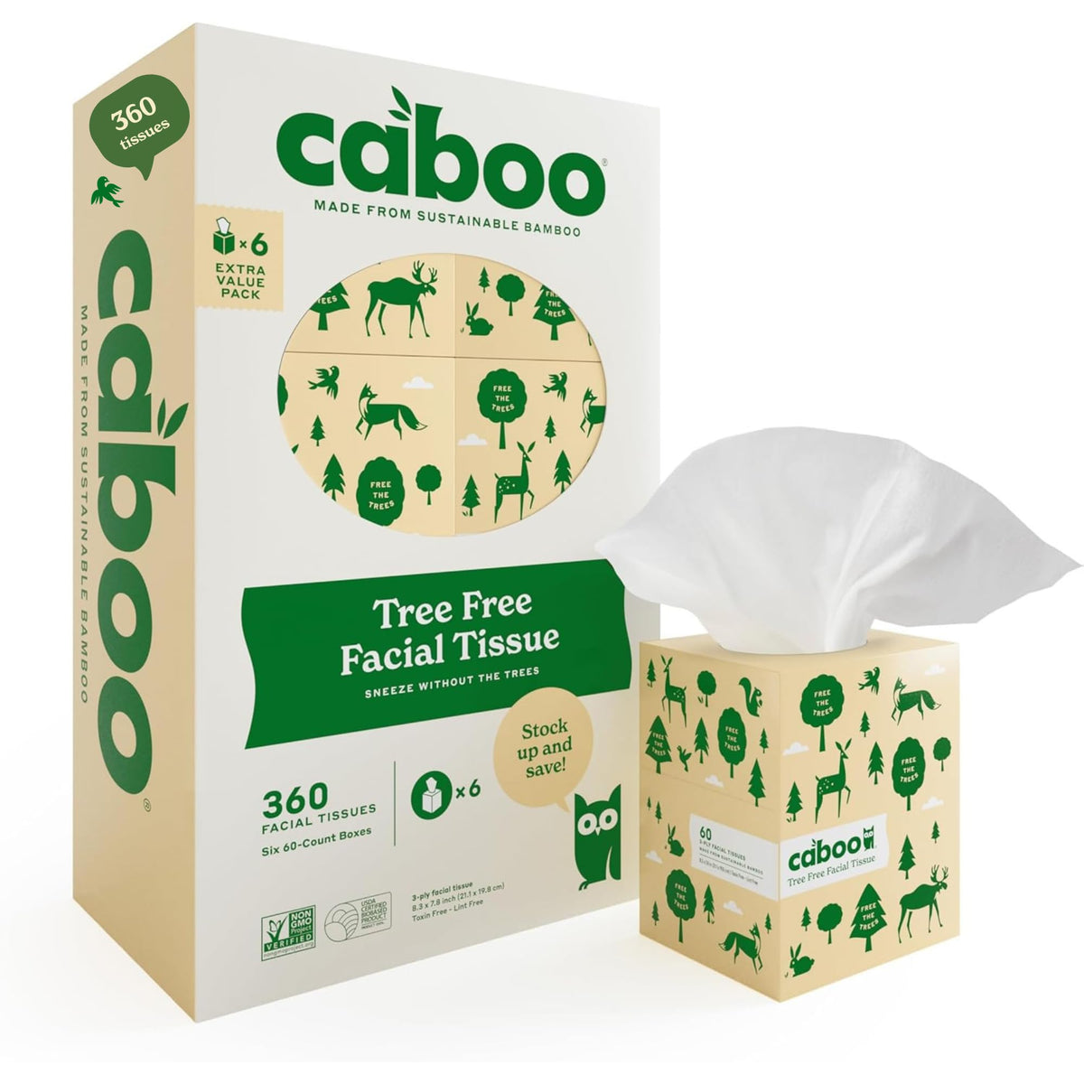 Caboo Tree Free Facial Tissues, 60 Tissues Per Box, 360 Total