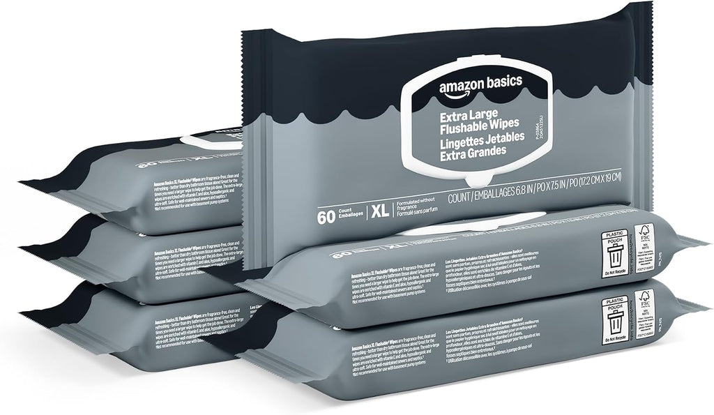 Amazon Basics Extra Large Flushable Wipes, 360 Wipes (6 Packs of 60), Adult Wet Wipes and Resealable Closure, Packaging May Vary