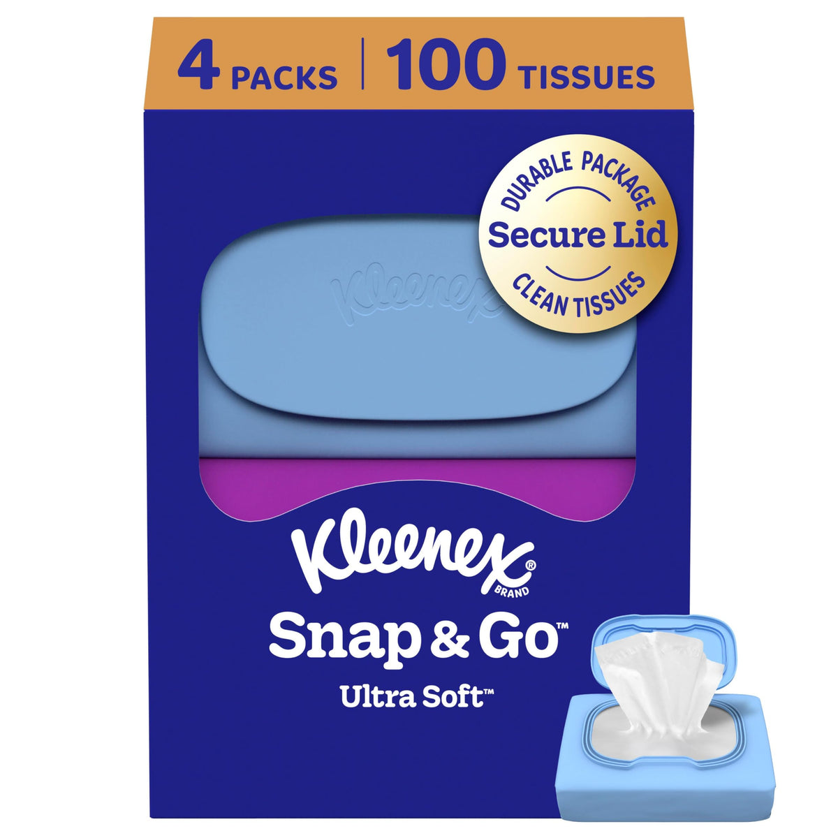 Kleenex Snap & Go Ultra Soft Facial Tissues, 4 Packs, 25 Tissues per Pack