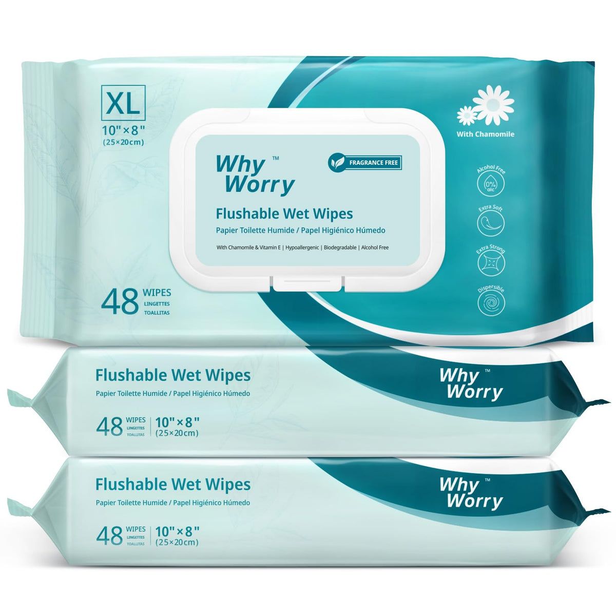 WhyWorry Flushable Wipes for Adults, Sea Incense, 8" x 10", 144 Count
