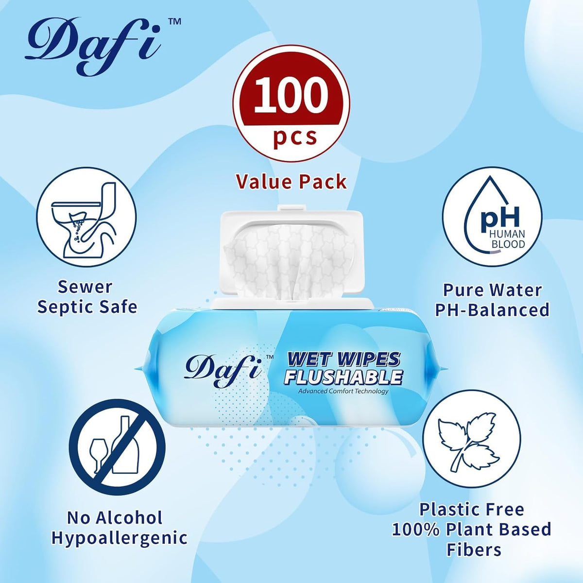 DAFI Flushable Wipes for Adult Wet Wipes, Total 600 Unscented Toilet Wipes Flushable, No Alcohol & 100% Plant Based Fibers, Septic and Sewer Safe Pack of 6